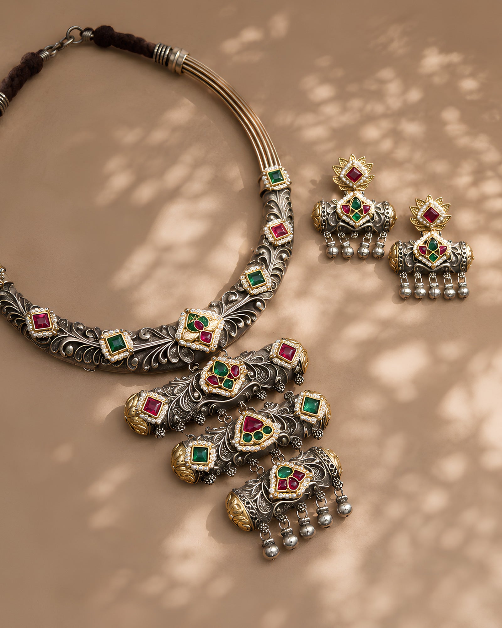 Dual-Tone Tiered Ornate Bar Oxidized Hasli Necklace