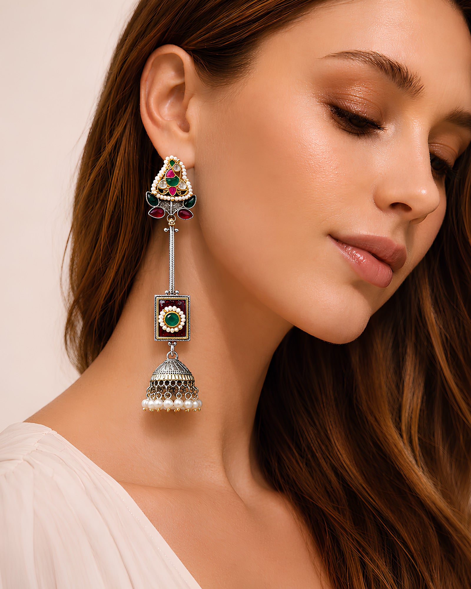 Dual-Tone Triangular Gemstone & Long Jhumka Earrings