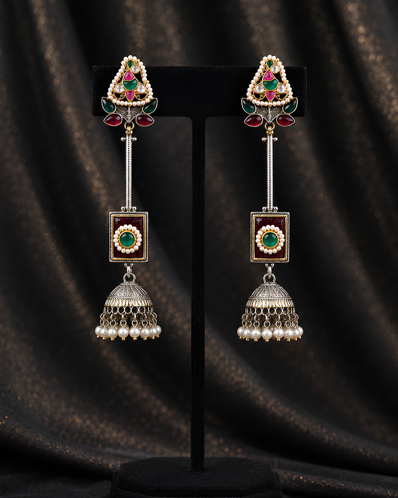 Dual-Tone Triangular Gemstone & Long Jhumka Earrings