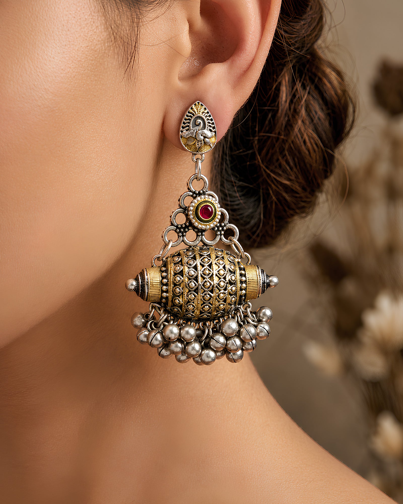 Dual-Tone Tribal Barrel Jhumka Earrings