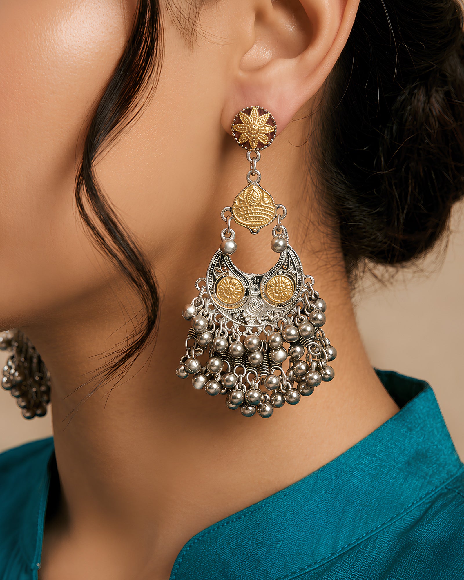 Dual-Tone Tribal Medallion Oxidized Earrings