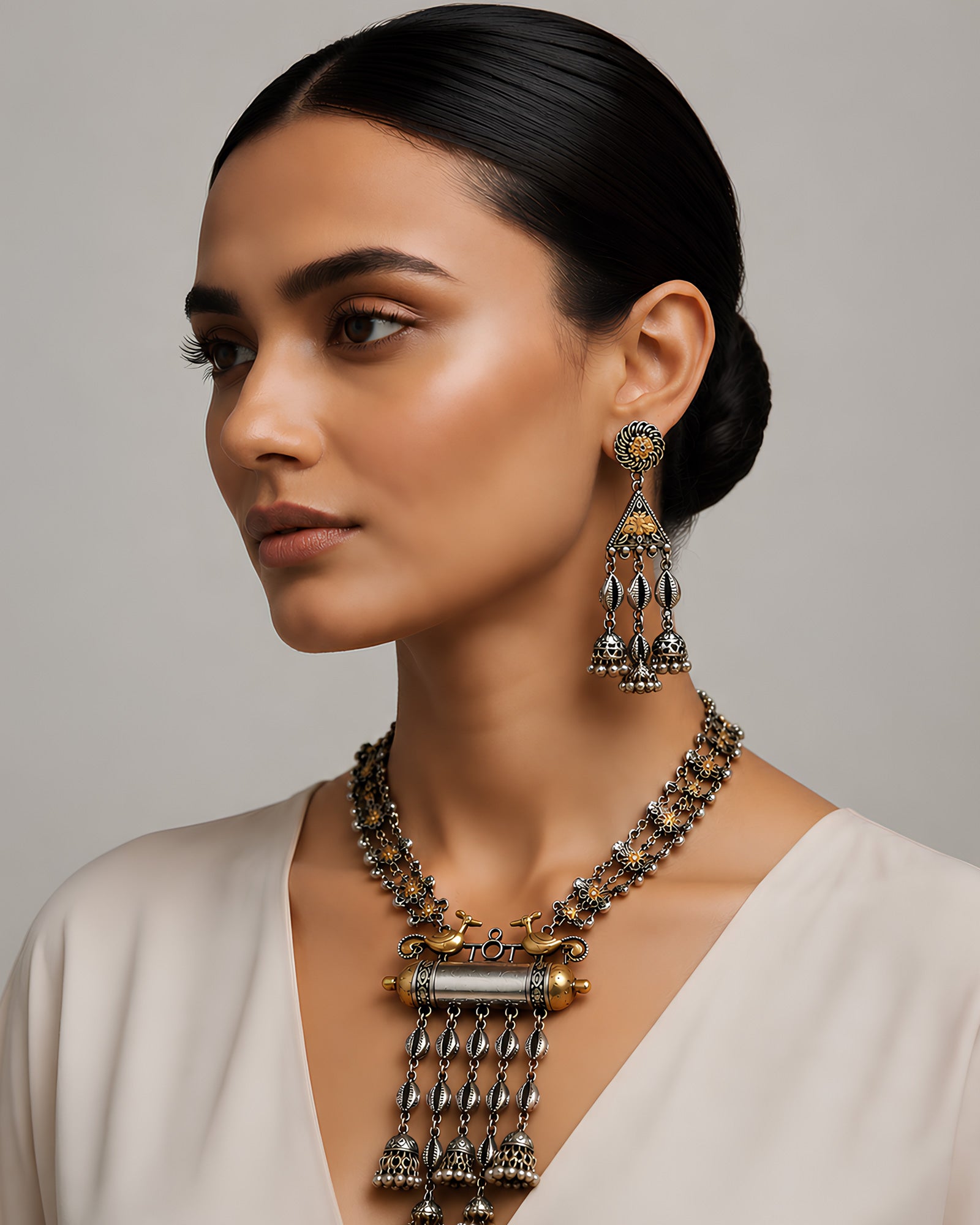 Dual-Tone Twin Peacock Amulet & Jhumka Necklace Set