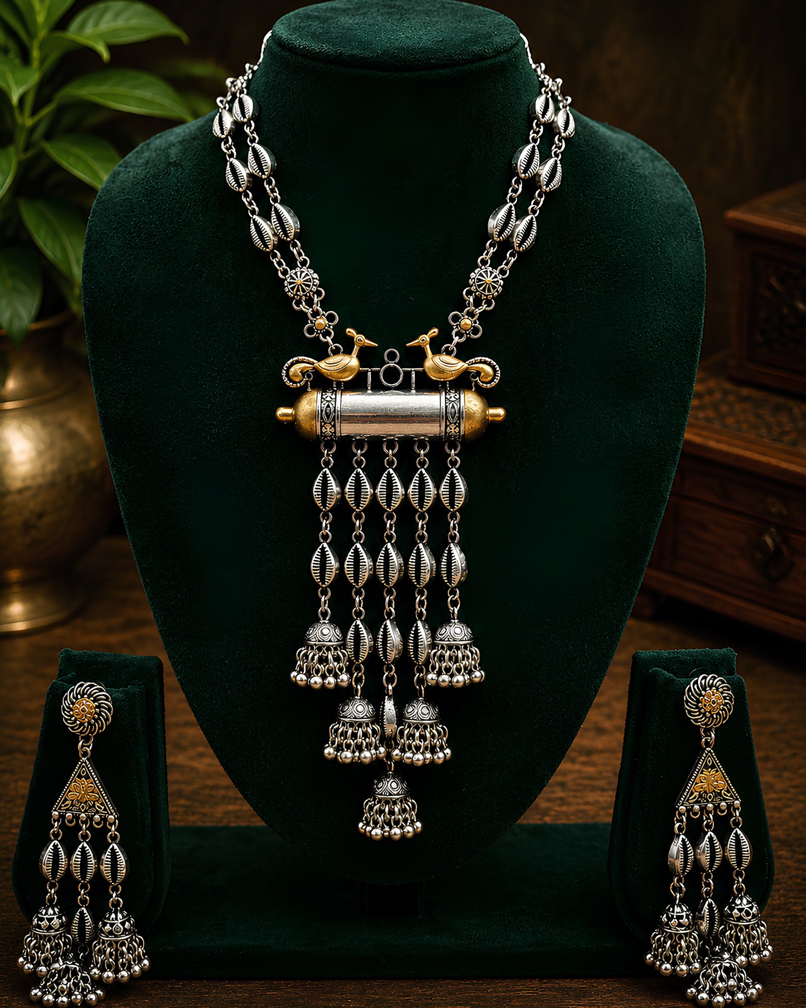 Dual-Tone Twin Peacock Amulet & Jhumka Necklace Set
