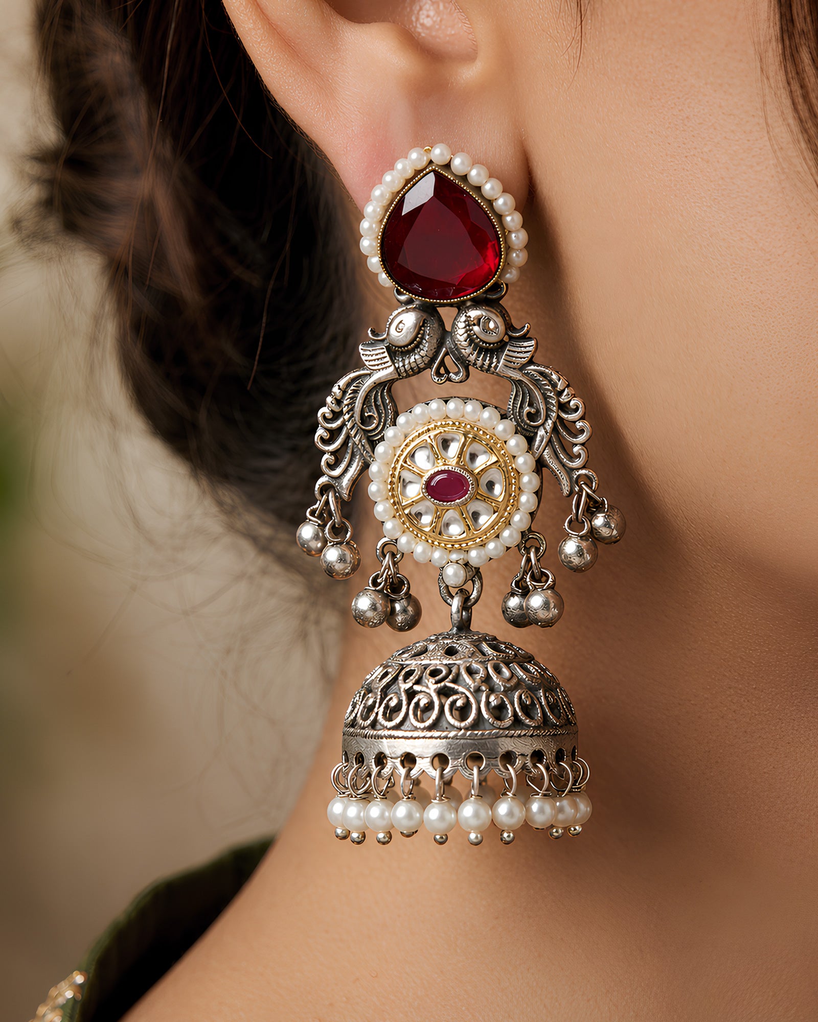 Dual-Tone Twin Peacock Ruby & Kundan Jhumka Earrings