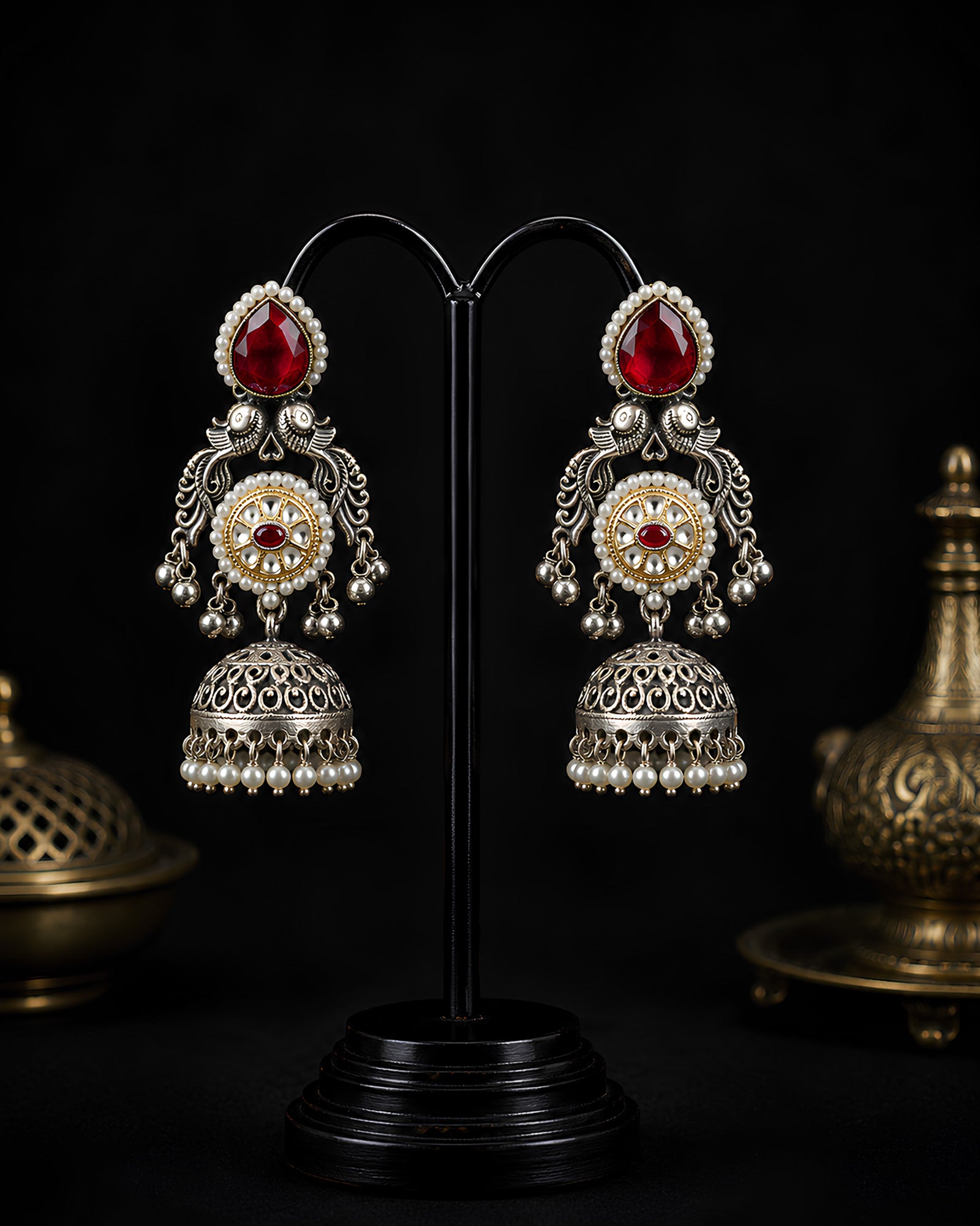 Dual-Tone Twin Peacock Ruby & Kundan Jhumka Earrings