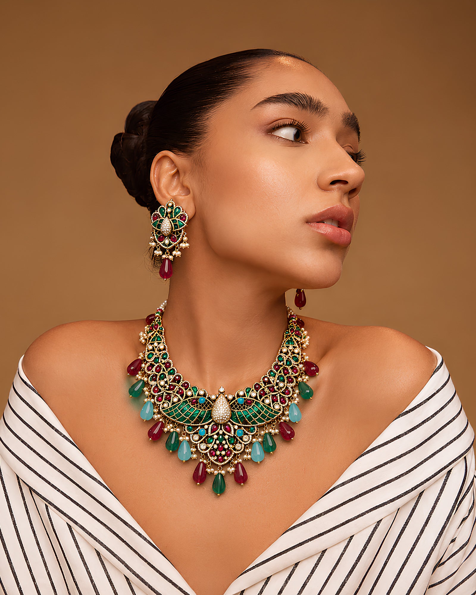 Dual-Tone Winged Flora Multi-Gemstone Collar Necklace