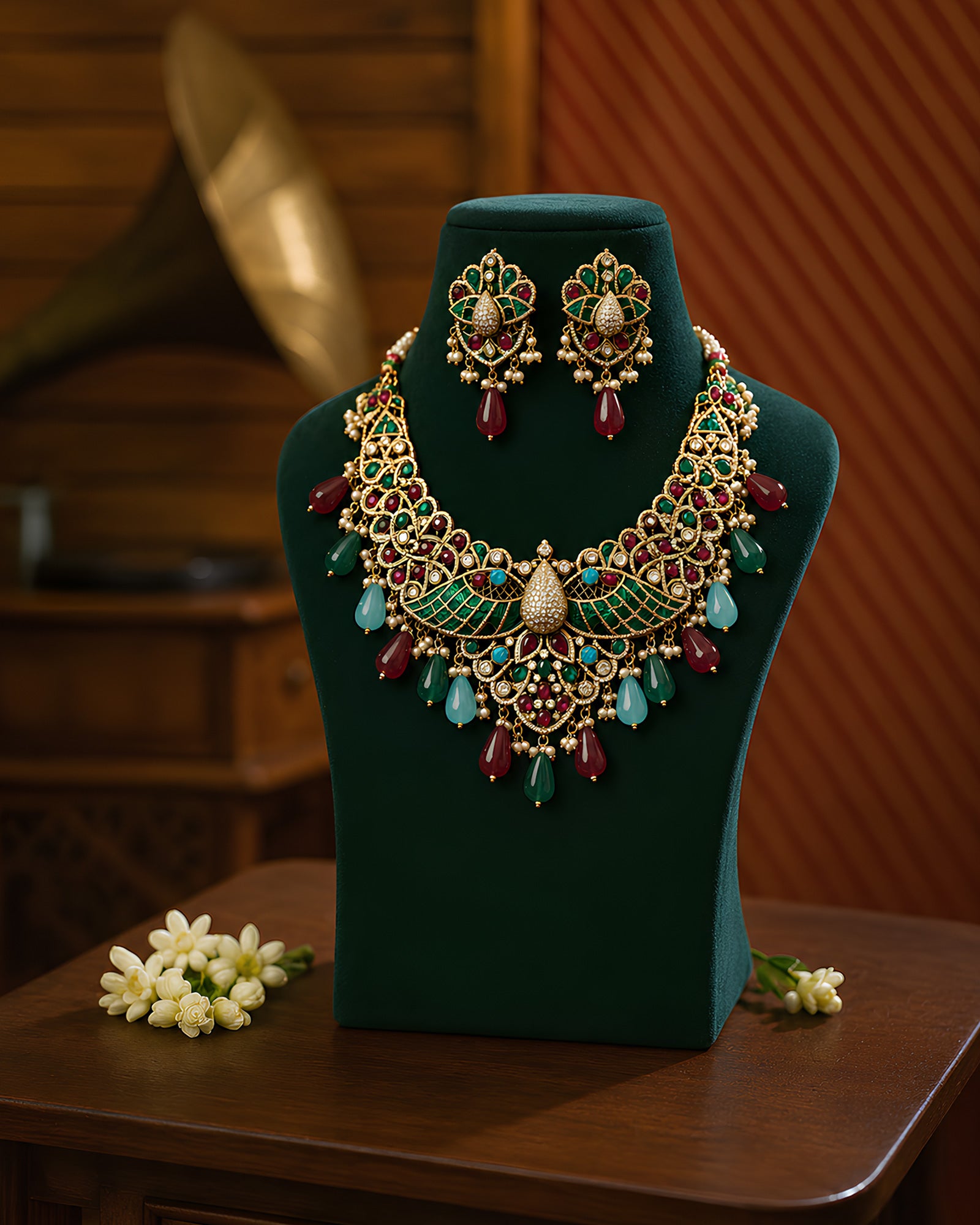 Dual-Tone Winged Flora Multi-Gemstone Collar Necklace