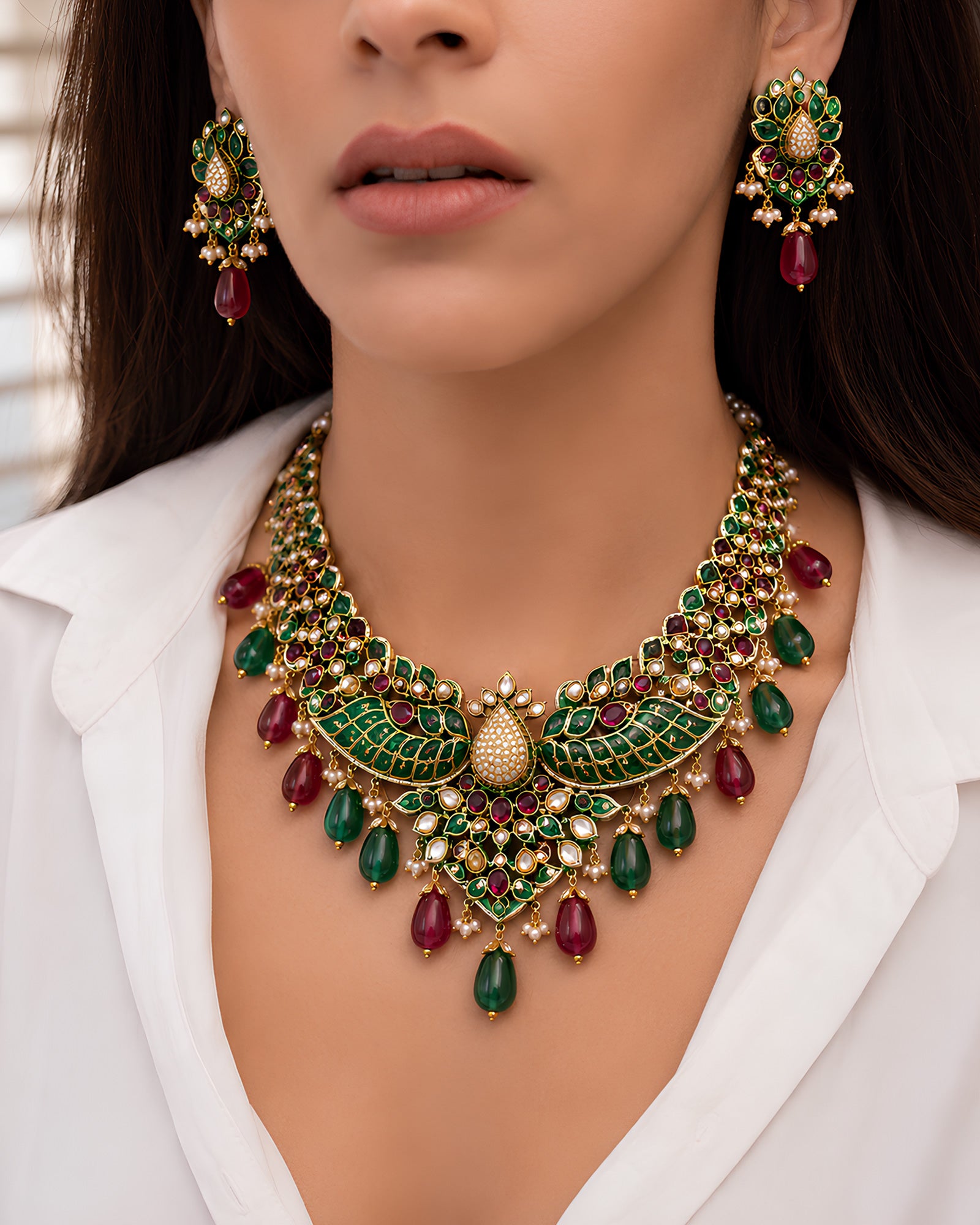 Dual-Tone Winged Flora Multi-Gemstone Collar Necklace