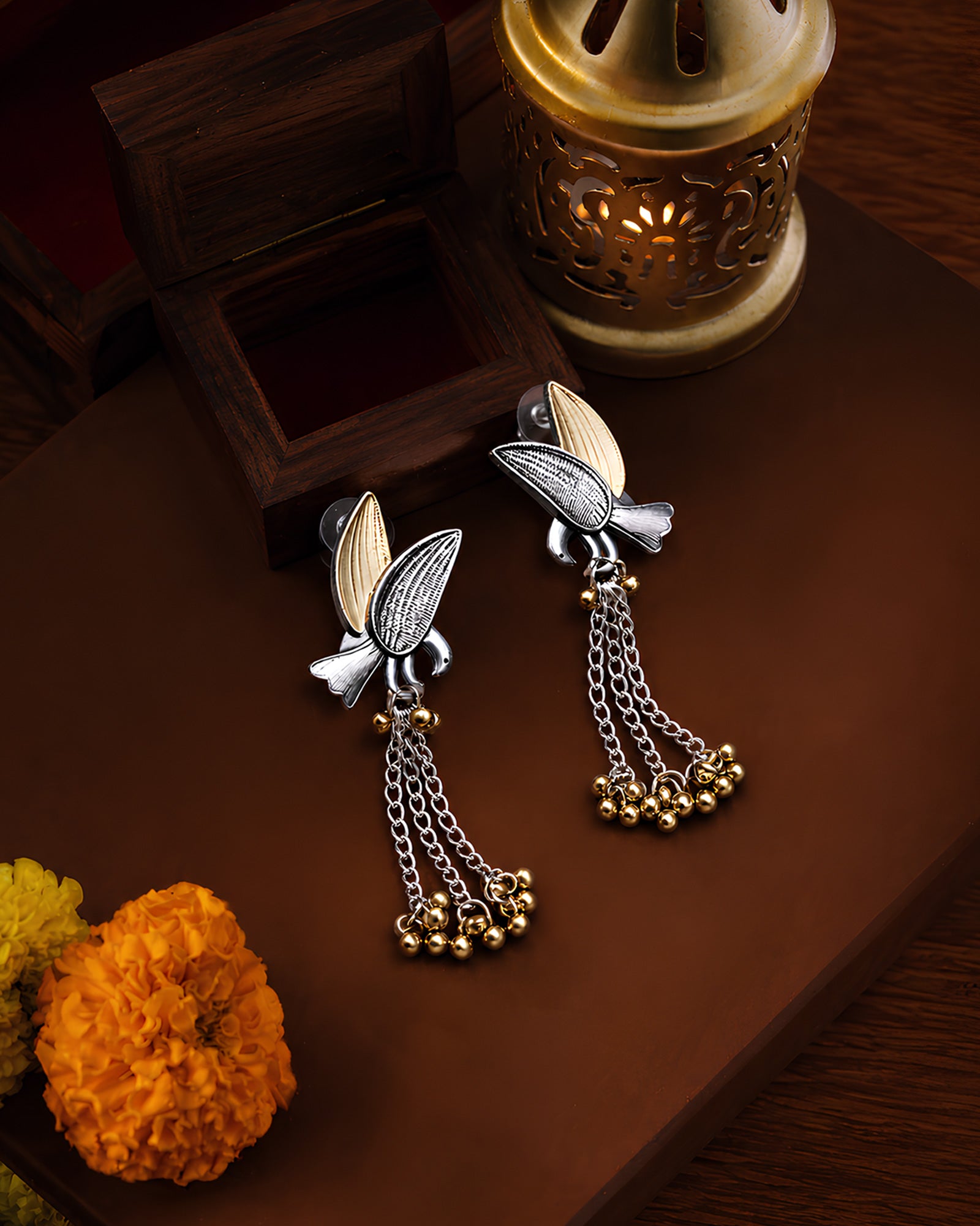 Dual-Tone Winged Ghungroo Cascade Oxidized Danglers