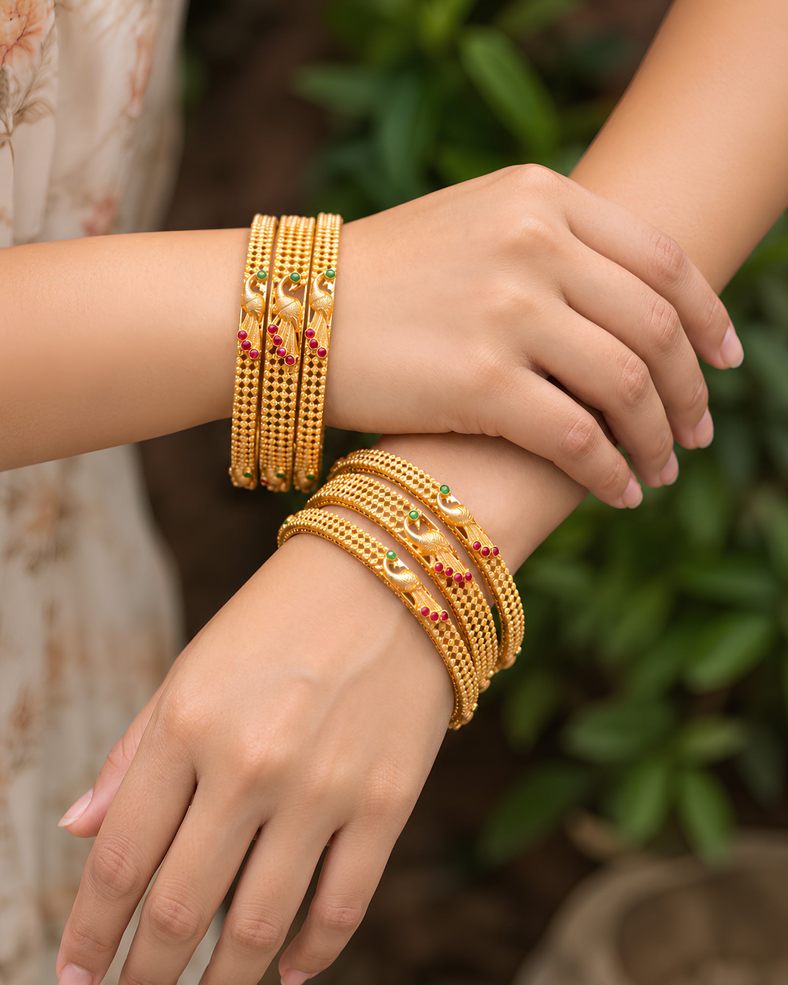 Elegant Peacock Motif Gold-Tone Bangles