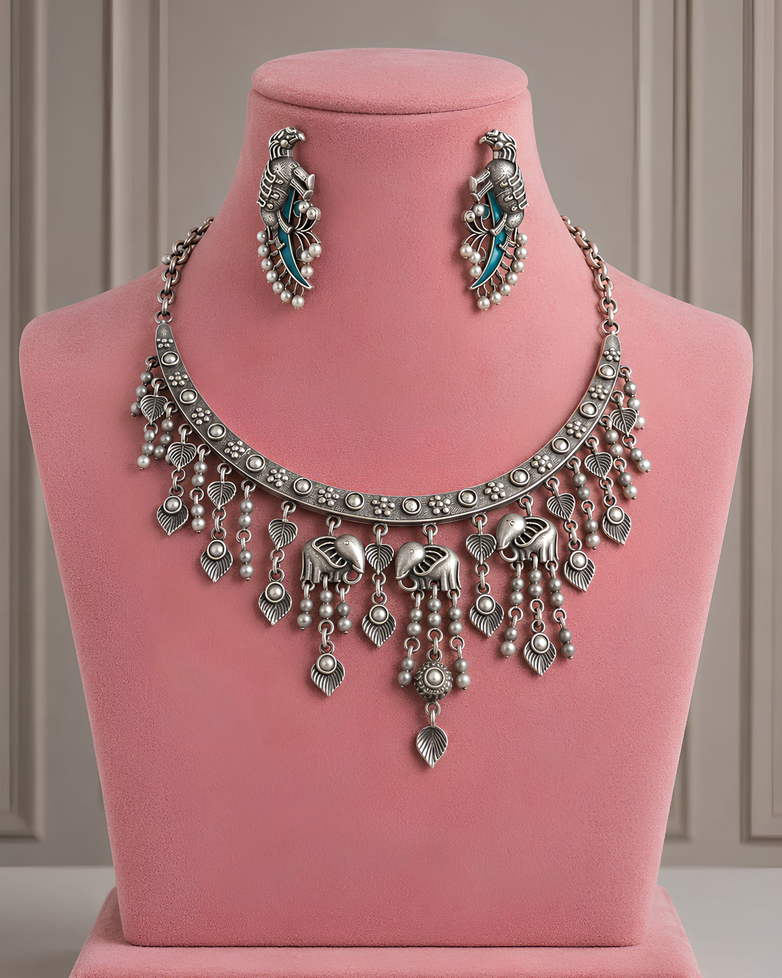 Elephant Motif Oxidized Silver Choker