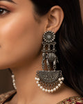Elephant Motif Oxidized Silver Statement Earrings