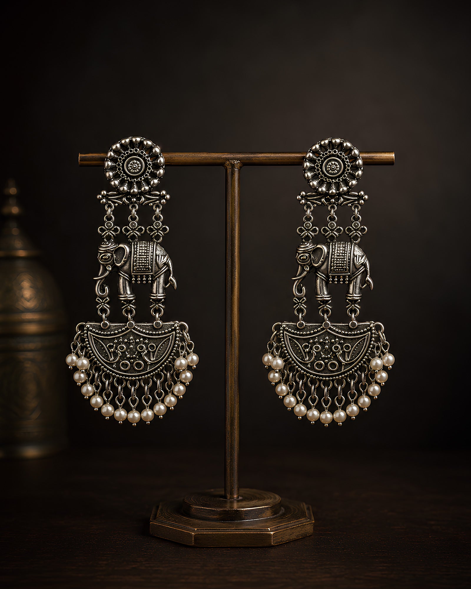 Elephant Motif Oxidized Silver Statement Earrings