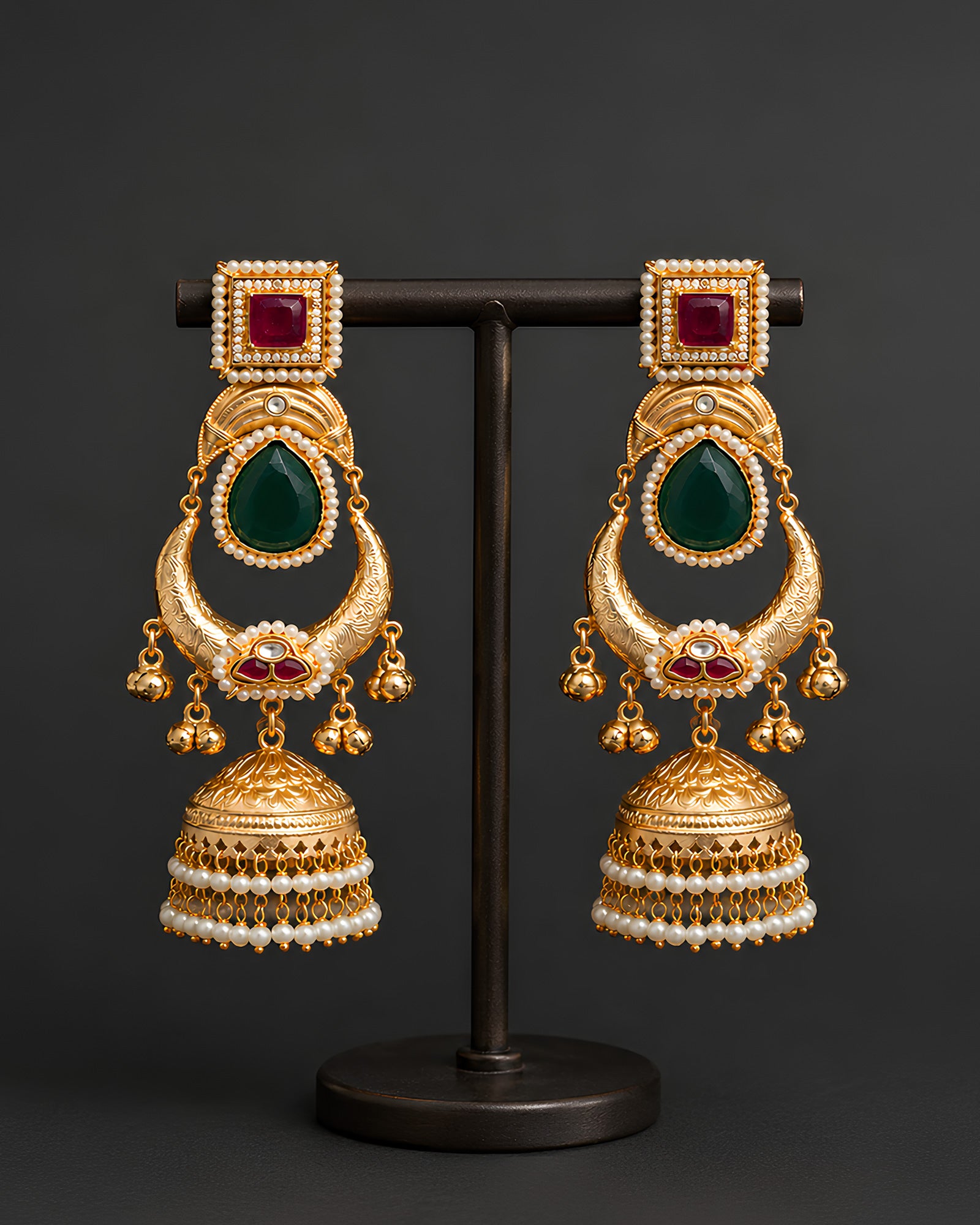 Emerald & Ruby Kundan Crescent Jhumka Earrings