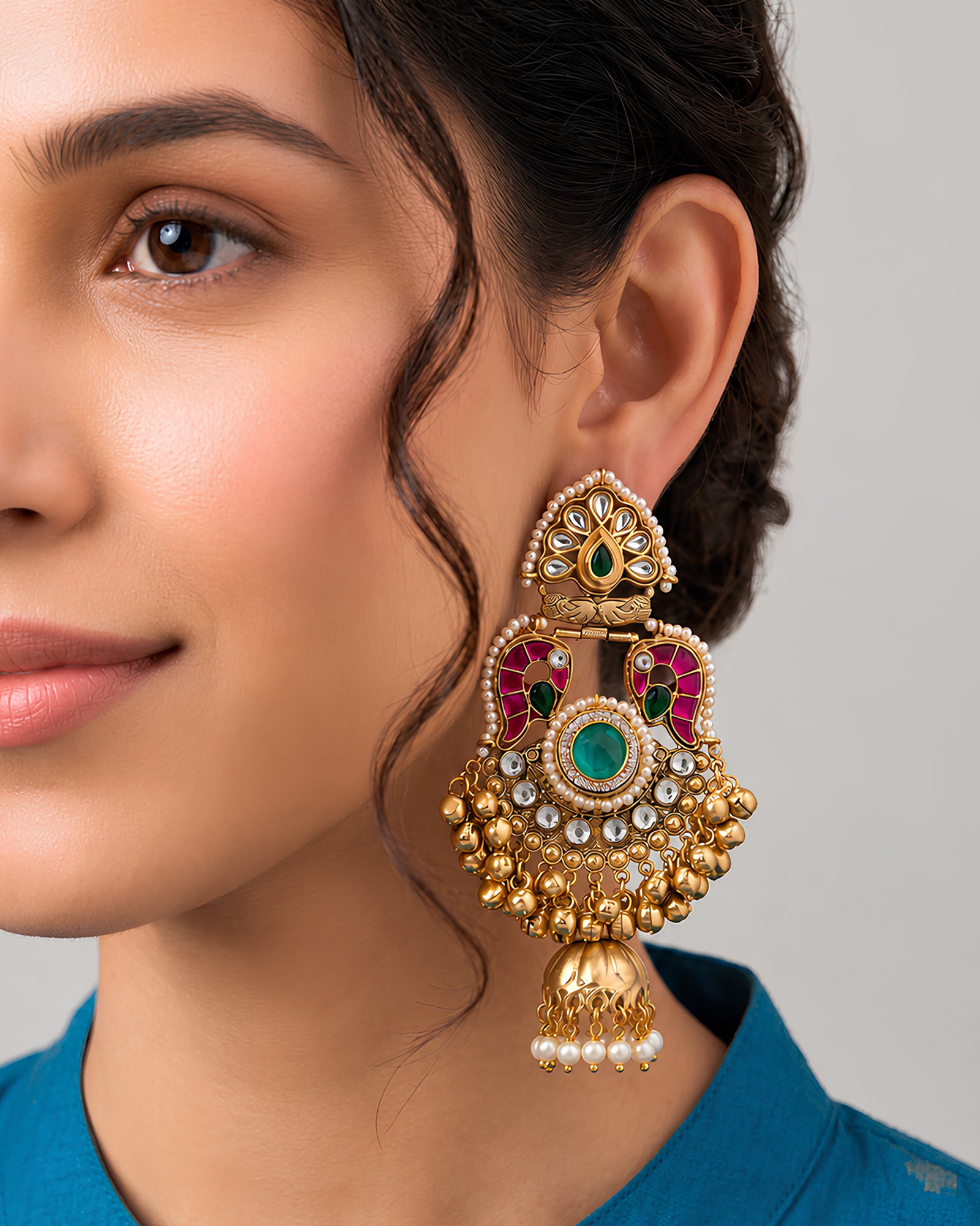 Emerald & Ruby Stone Peacock Jhumka Earrings