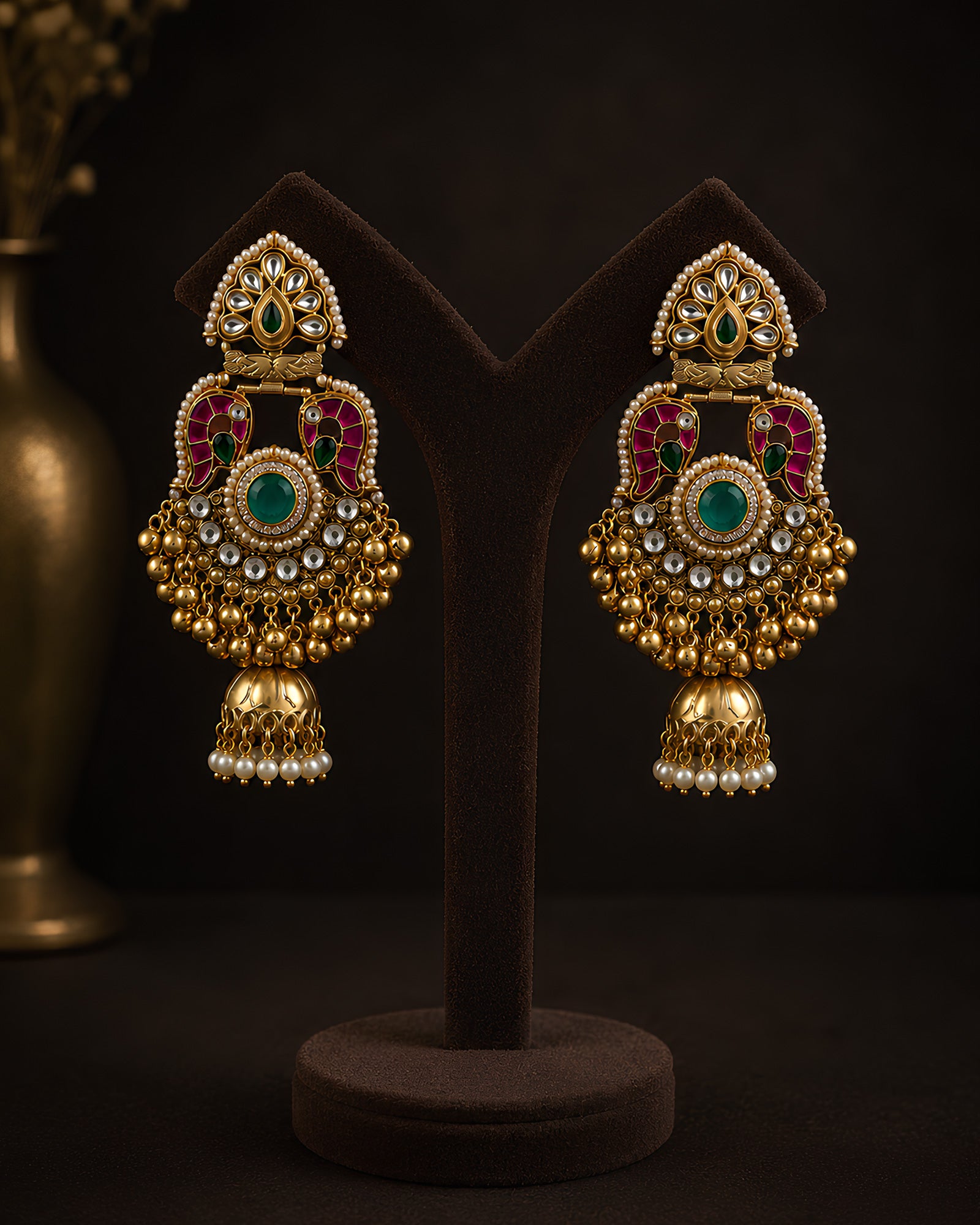 Emerald & Ruby Stone Peacock Jhumka Earrings