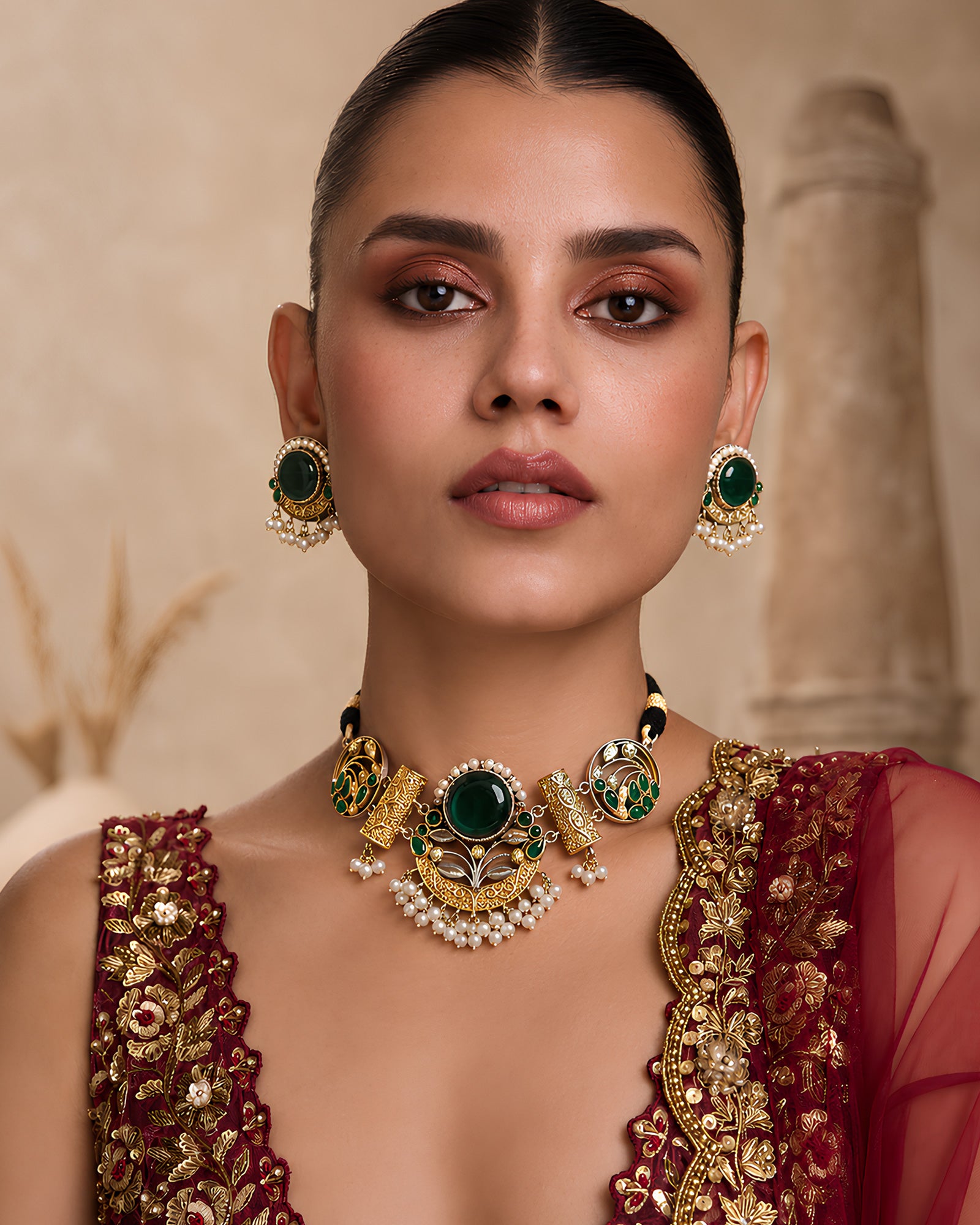 Emerald Cabochon Floral Choker Necklace