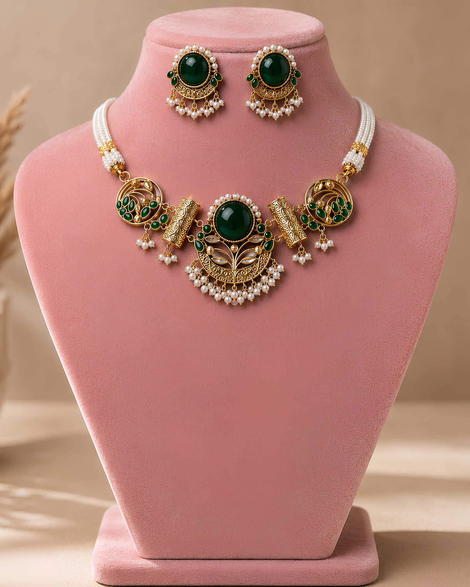Emerald Cabochon Floral Choker Necklace