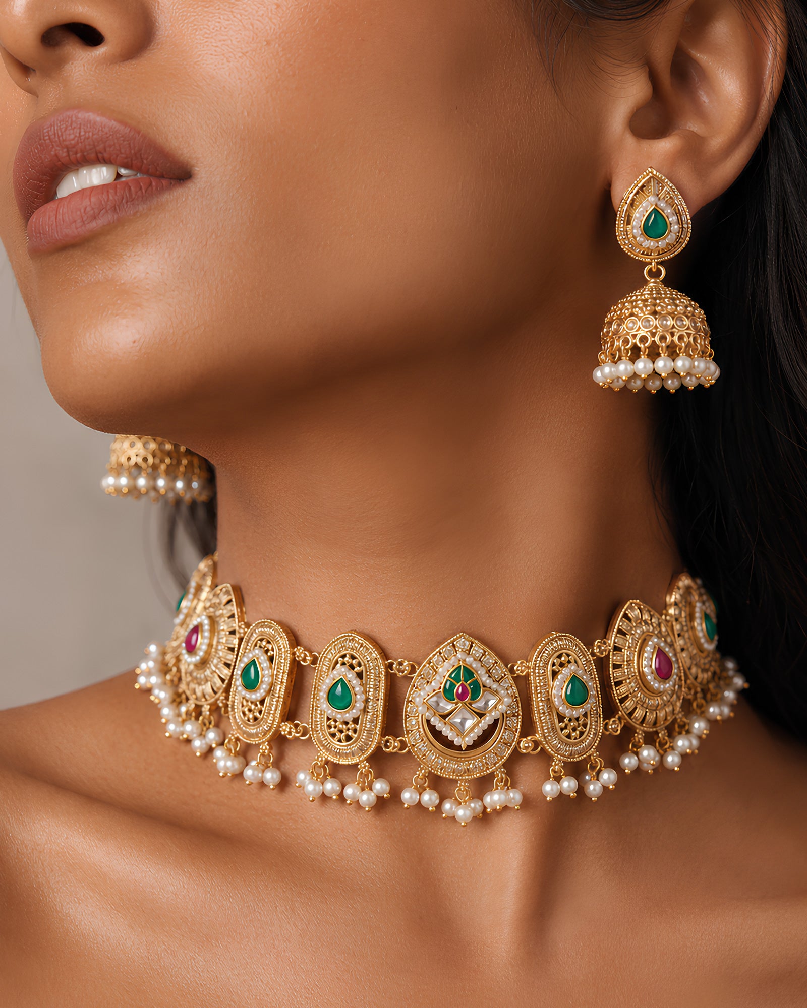 Emerald-Drop Oval Choker & Jhumka Set