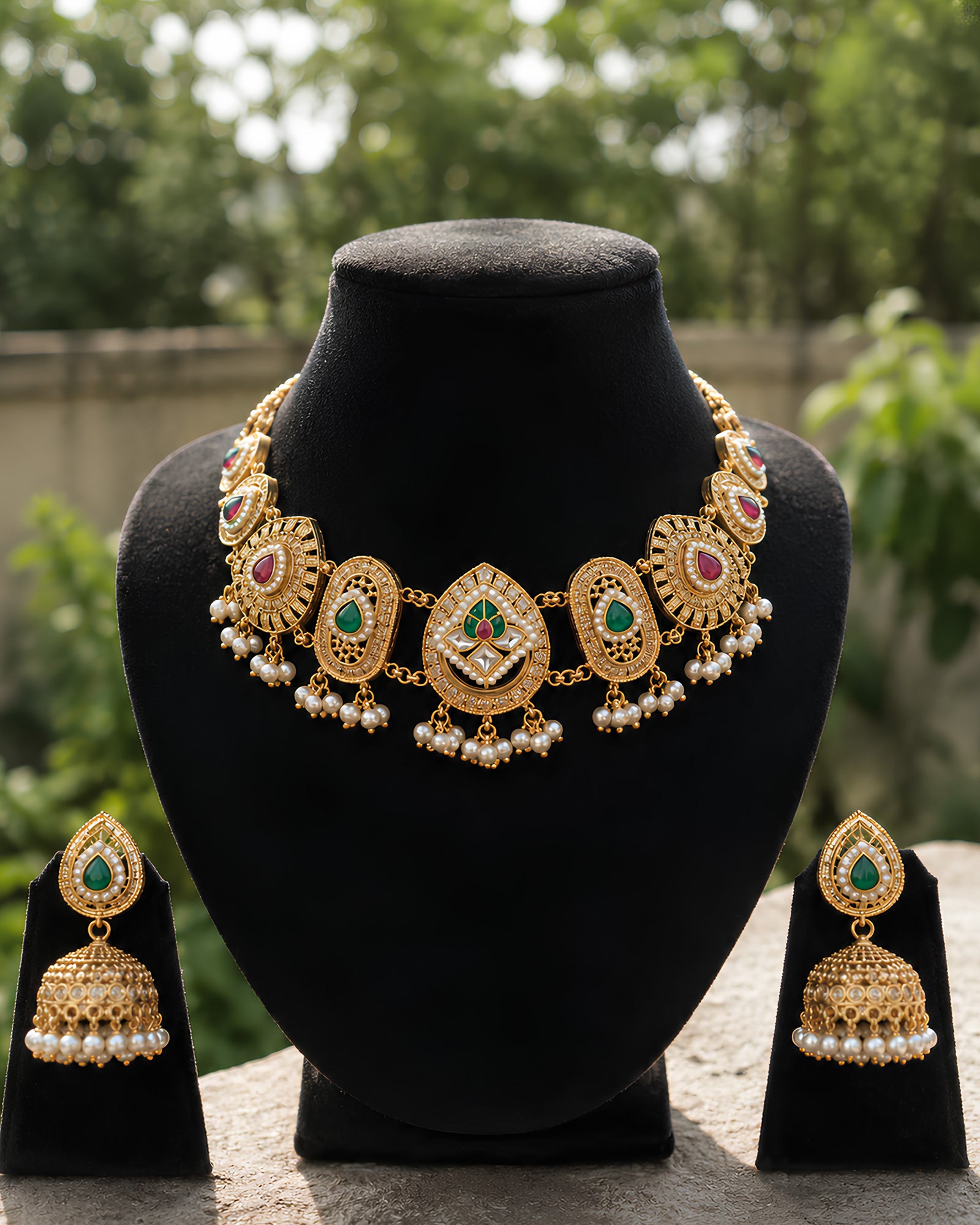 Emerald-Drop Oval Choker & Jhumka Set