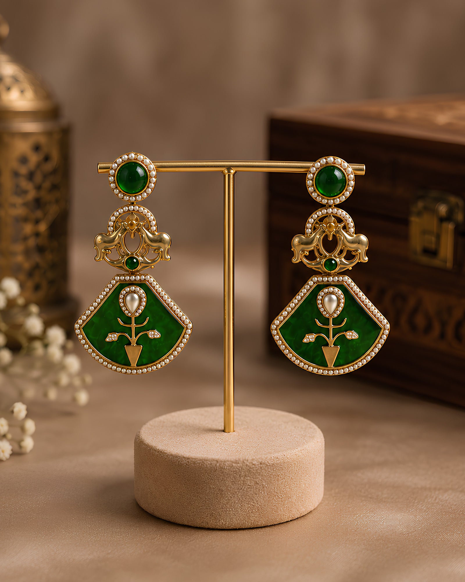 Emerald Enamel Floral Shield Statement Earrings