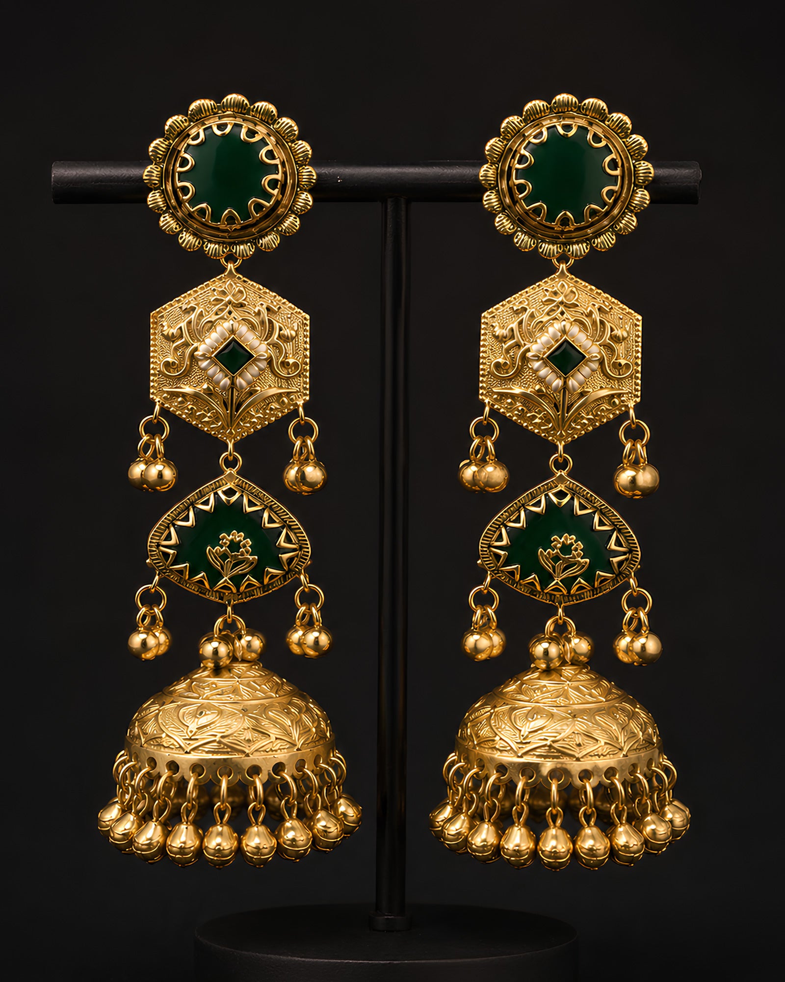 Emerald Green Enamel Tiered Jhumka Earrings