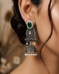 Emerald Green Stone & Pearl-Beaded Oxidized Jhumka Earrings