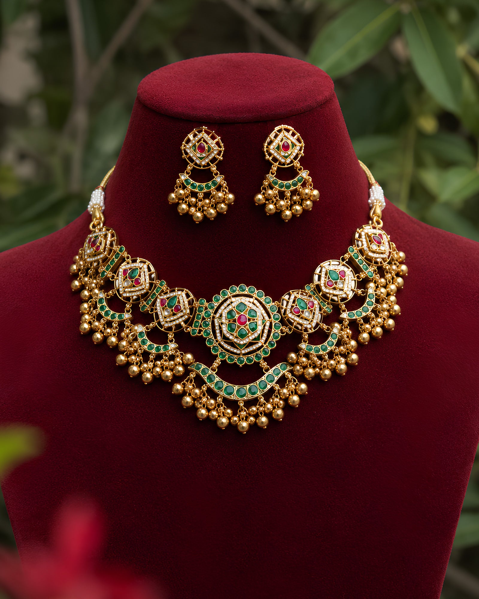 Emerald Meenakari Kundan Gold-Tone Necklace Set
