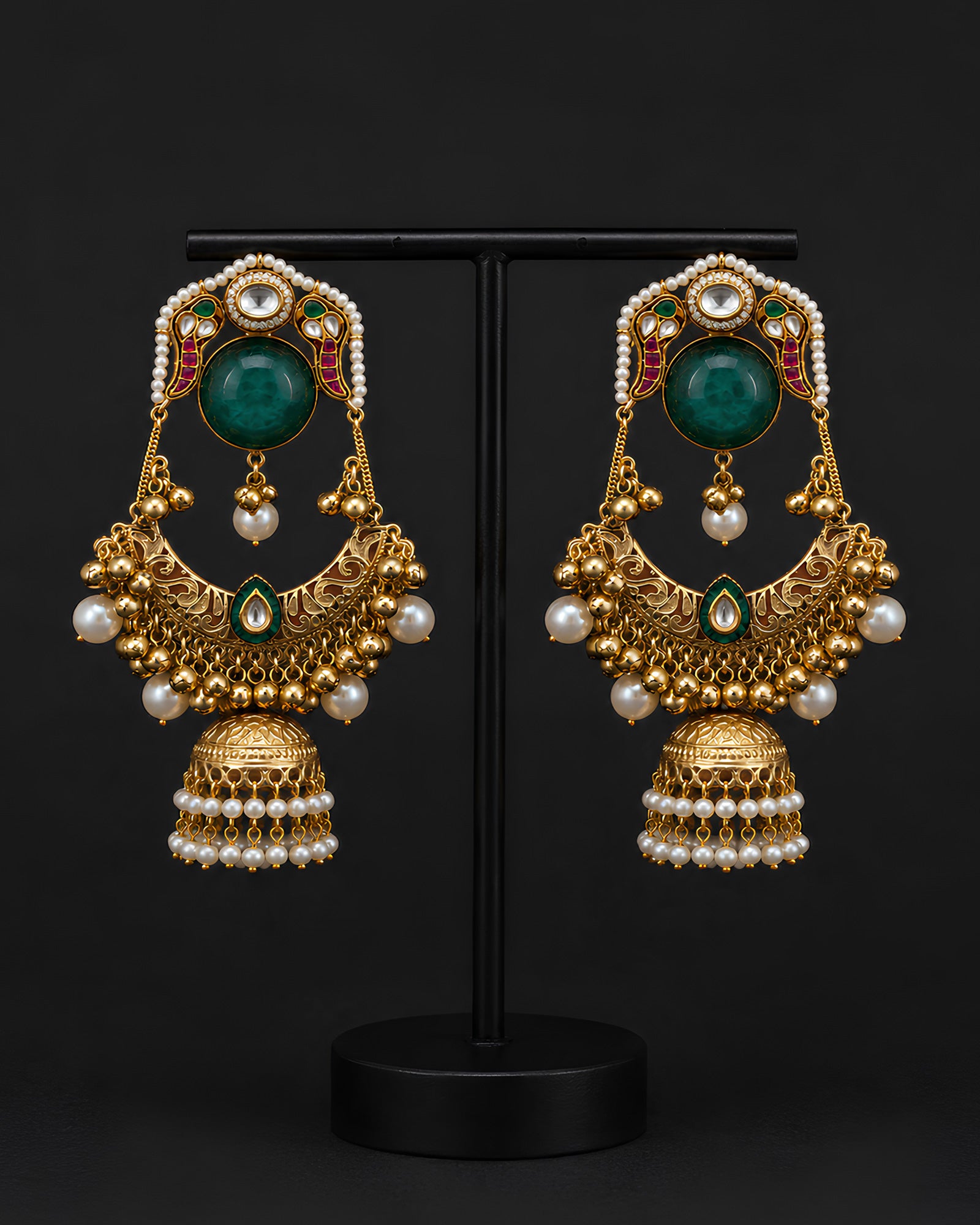 Emerald Polki & Crescent Jhumka Earrings