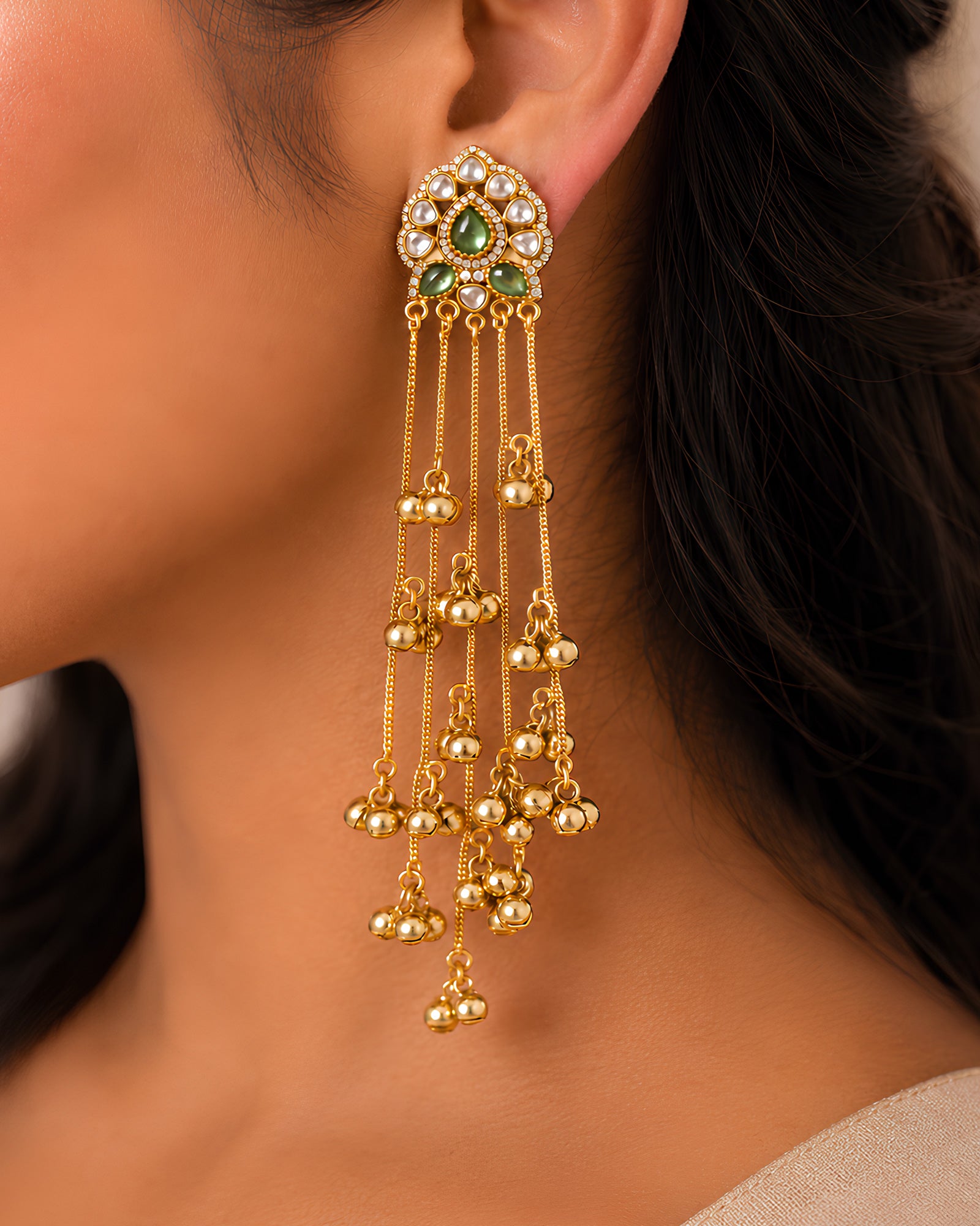 Emerald Polki & Golden Multi-Chain Ghungroo Earrings