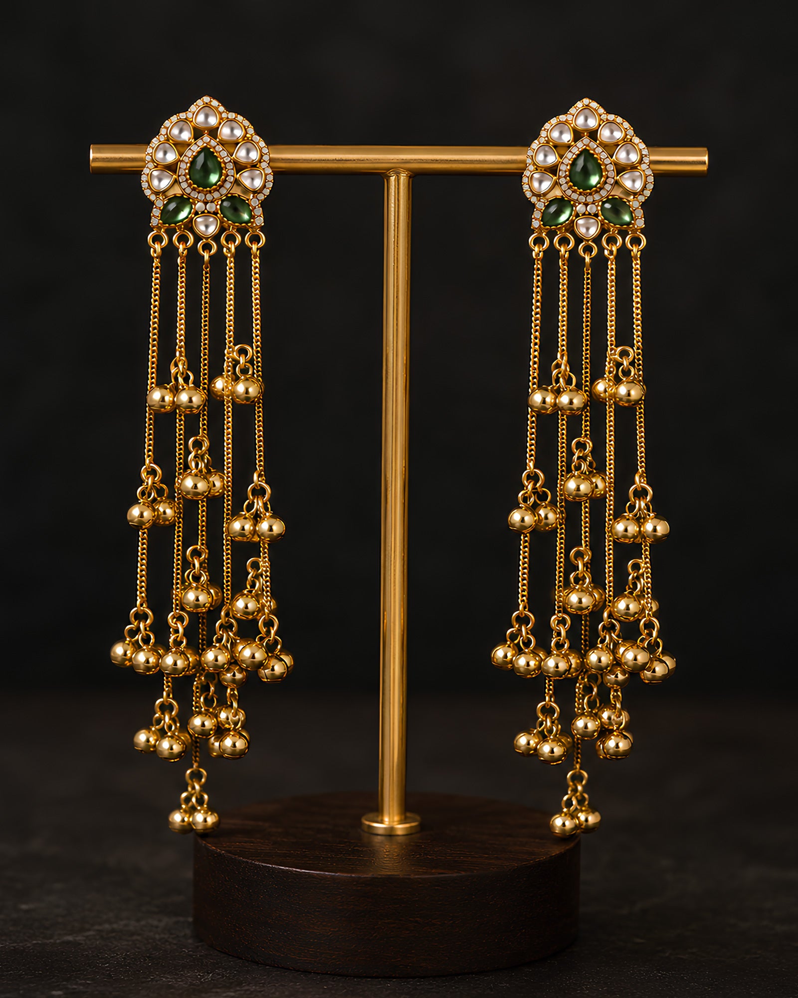 Emerald Polki & Golden Multi-Chain Ghungroo Earrings
