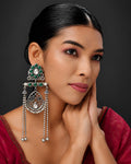 Emerald Stone Cluster & Beaded Fringe Oxidized Earrings
