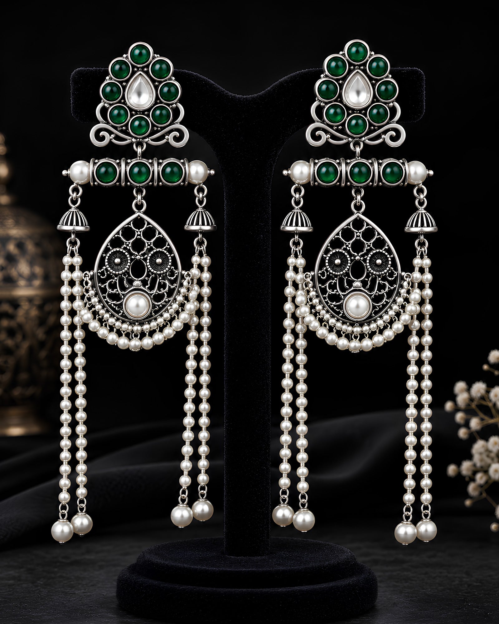 Emerald Stone Cluster & Beaded Fringe Oxidized Earrings