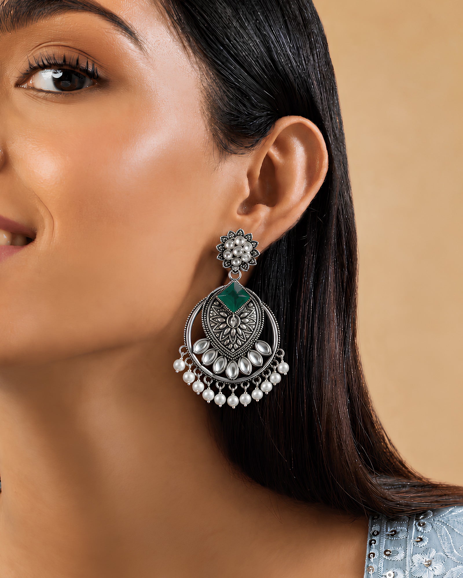 Emerald Sunburst & Pearl Drop Oxidized Earrings