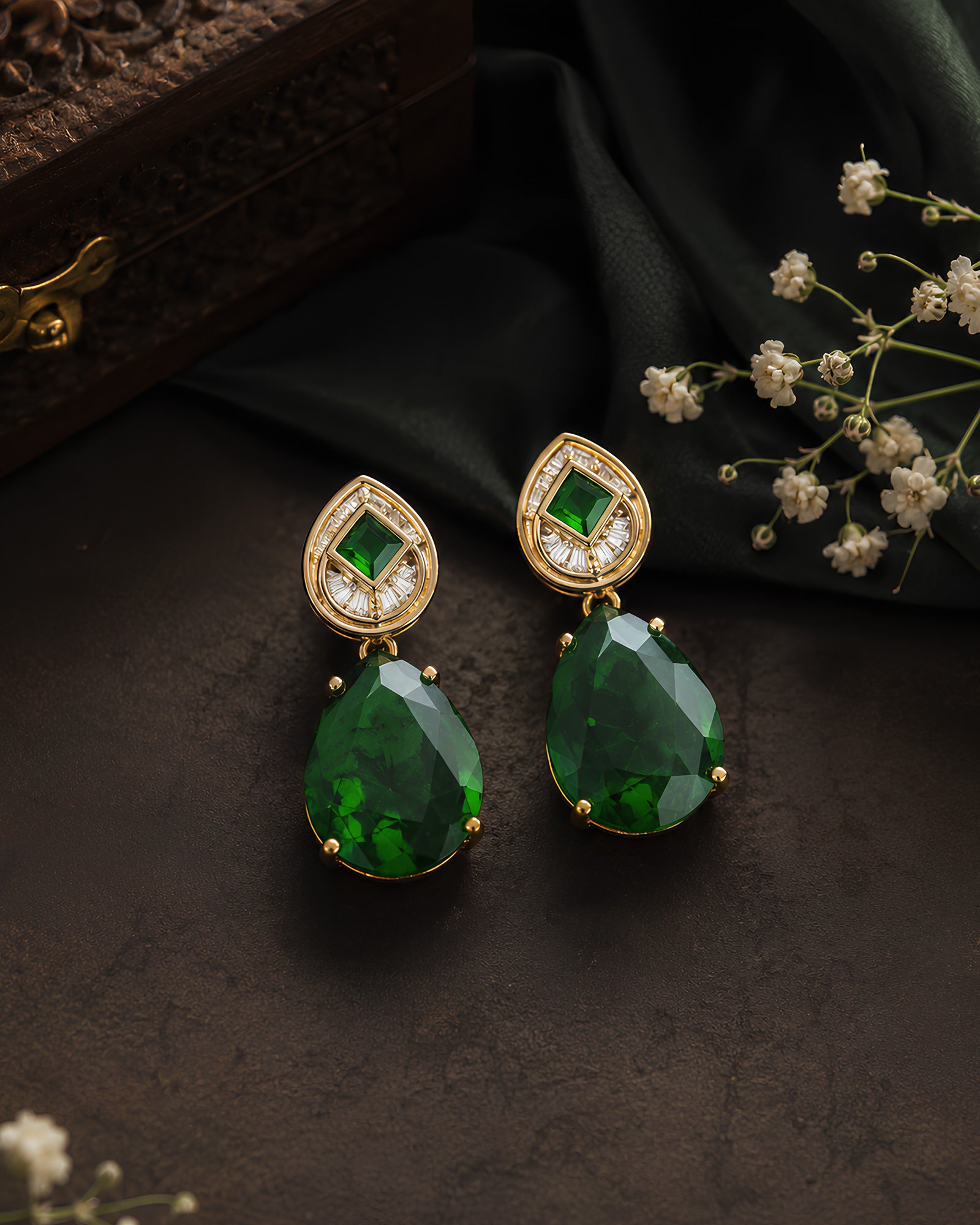 Emerald Teardrop & Geometric Stud Earrings
