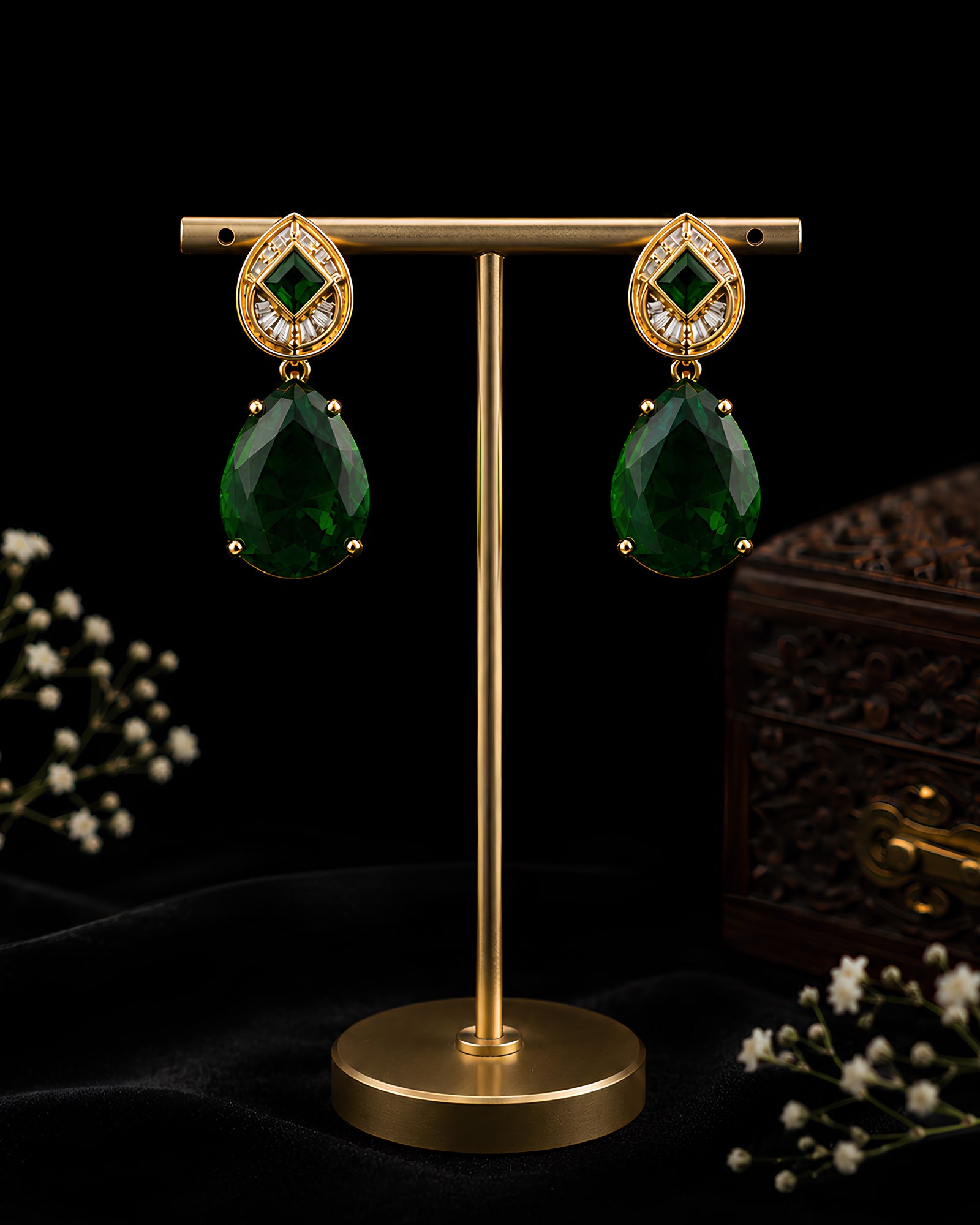 Emerald Teardrop & Geometric Stud Earrings