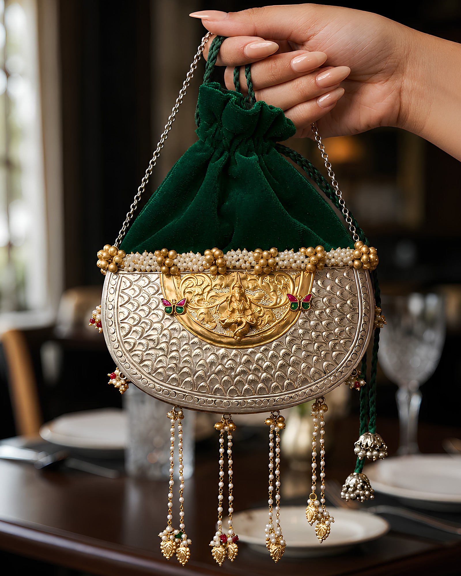 Emerald Velvet Crescent Deity Potli Bag