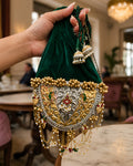 Emerald Velvet Crescent Meenakari Potli Bag