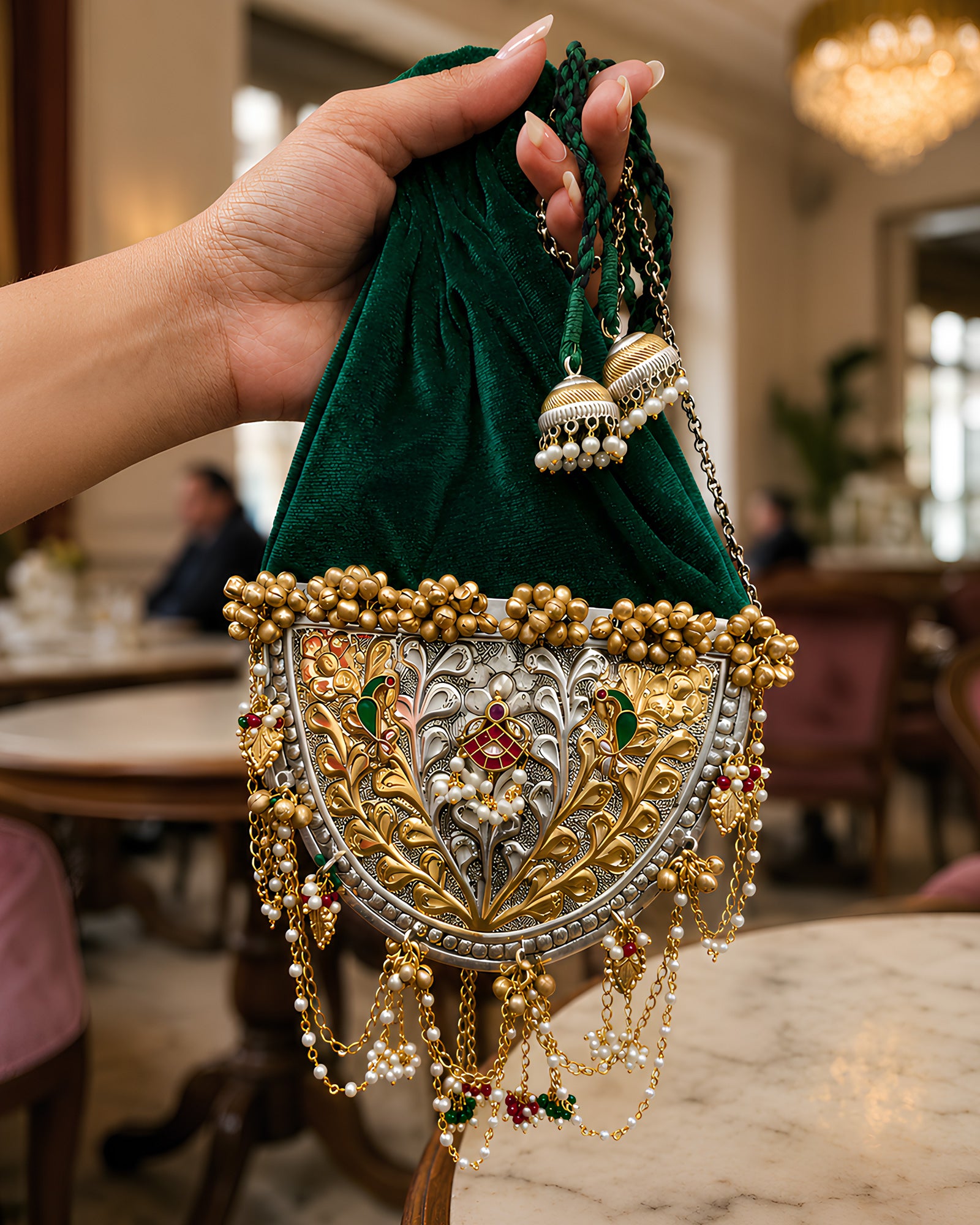 Emerald Velvet Crescent Meenakari Potli Bag