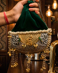 Emerald Velvet Crescent Radha Krishna Potli Bag