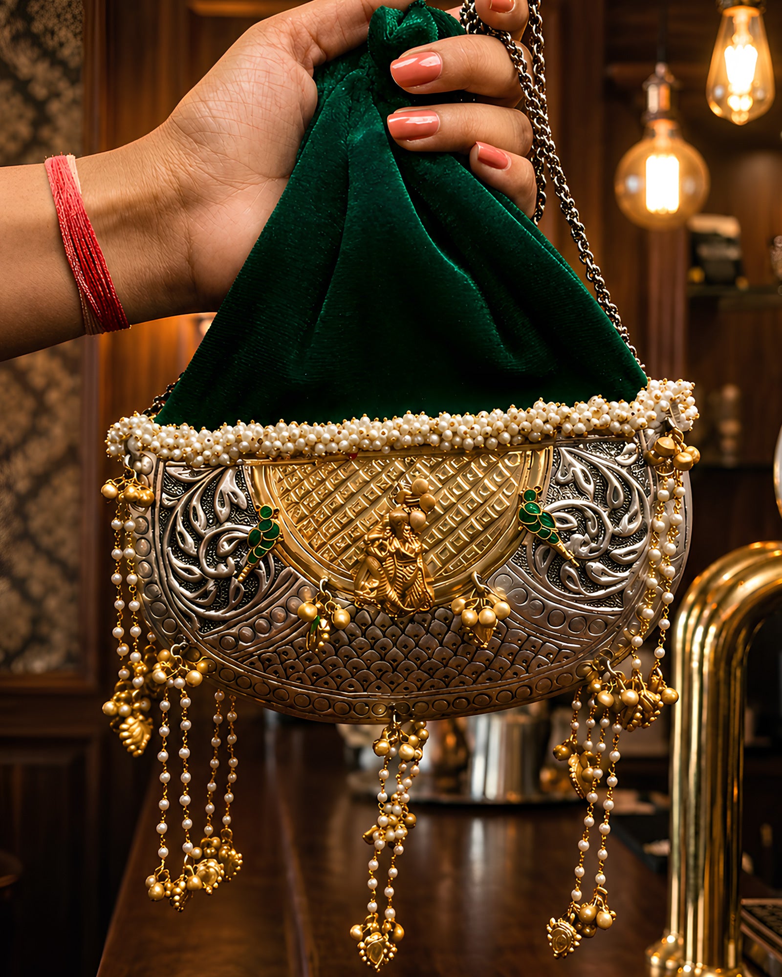 Emerald Velvet Crescent Radha Krishna Potli Bag
