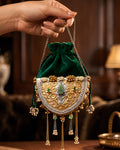 Emerald Velvet Crescent Sage Stone Potli Bag