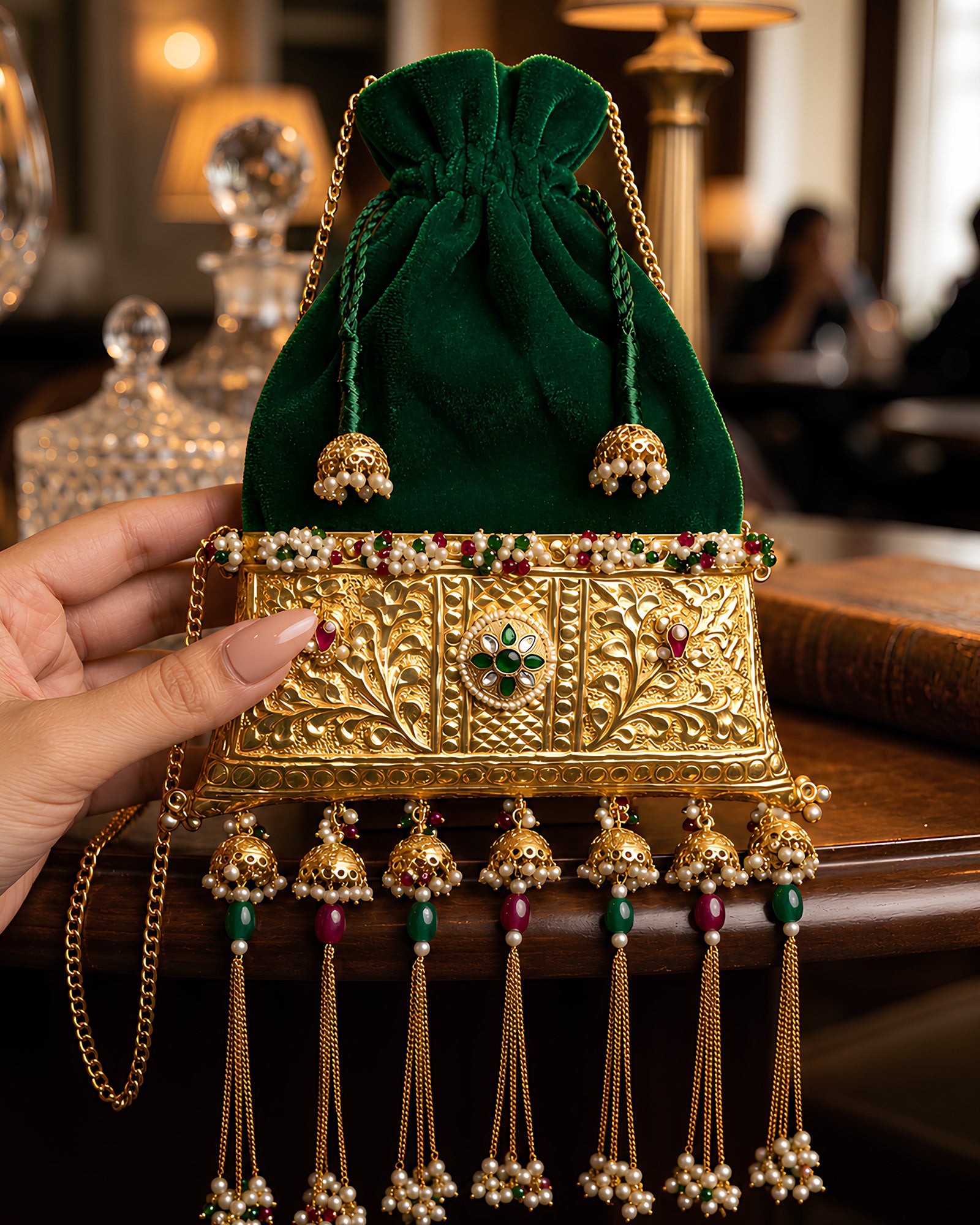 Emerald Velvet Trapezoid Flora Jhumka Potli Bag