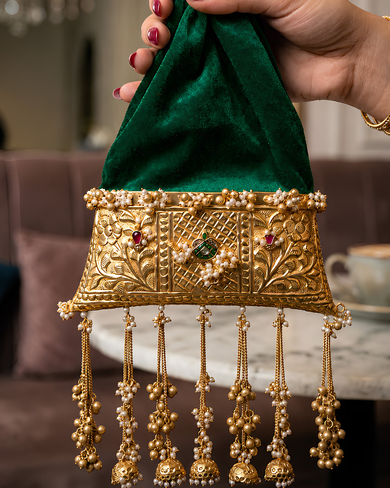 Emerald Velvet Trapezoid Flora Jhumka Potli Bag