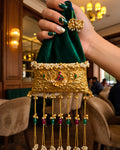 Emerald Velvet Trapezoid Peacock Motif Potli Bag