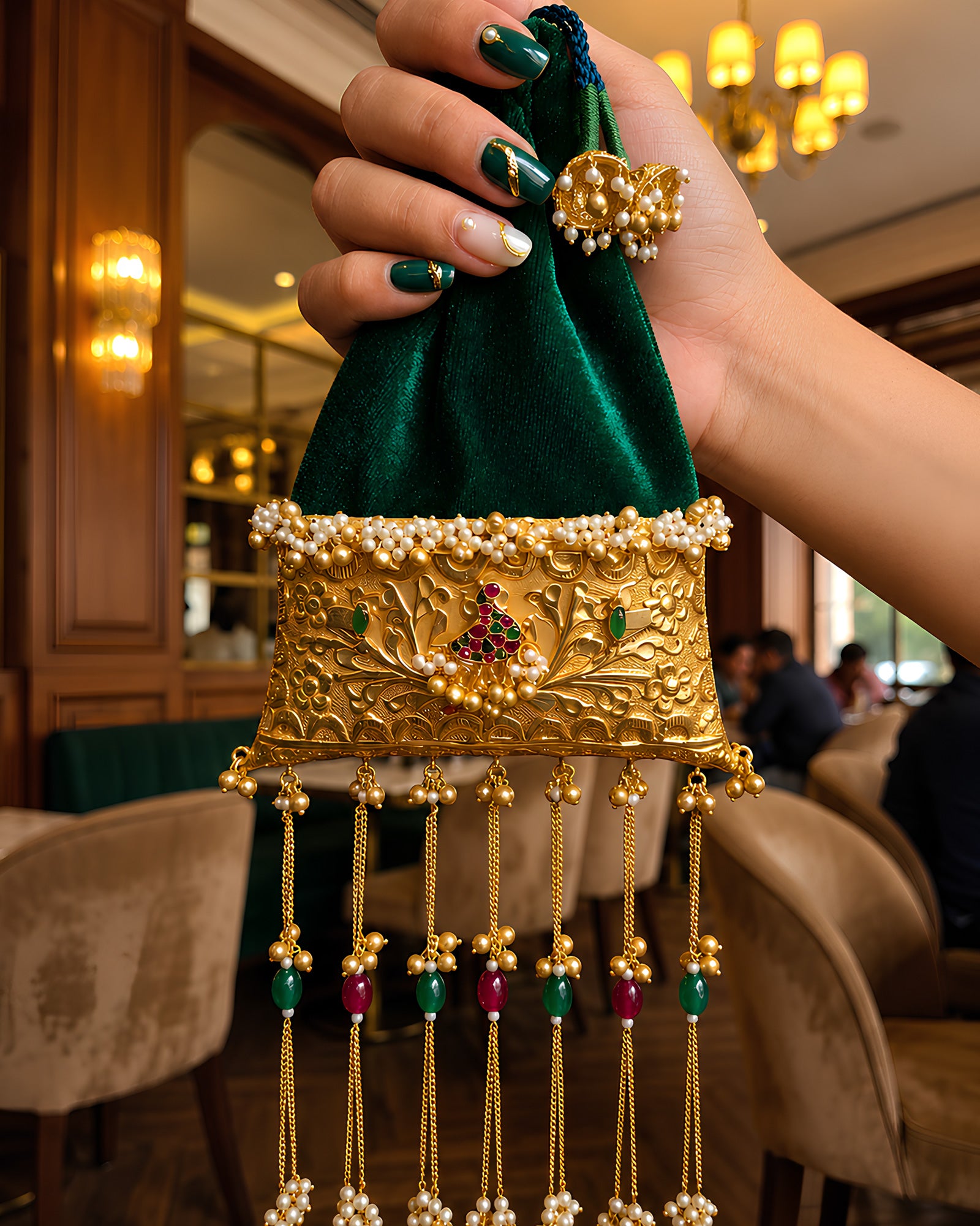 Emerald Velvet Trapezoid Peacock Motif Potli Bag