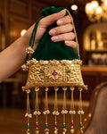 Emerald Velvet Trapezoid Ruby Center Jhumka Potli Bag