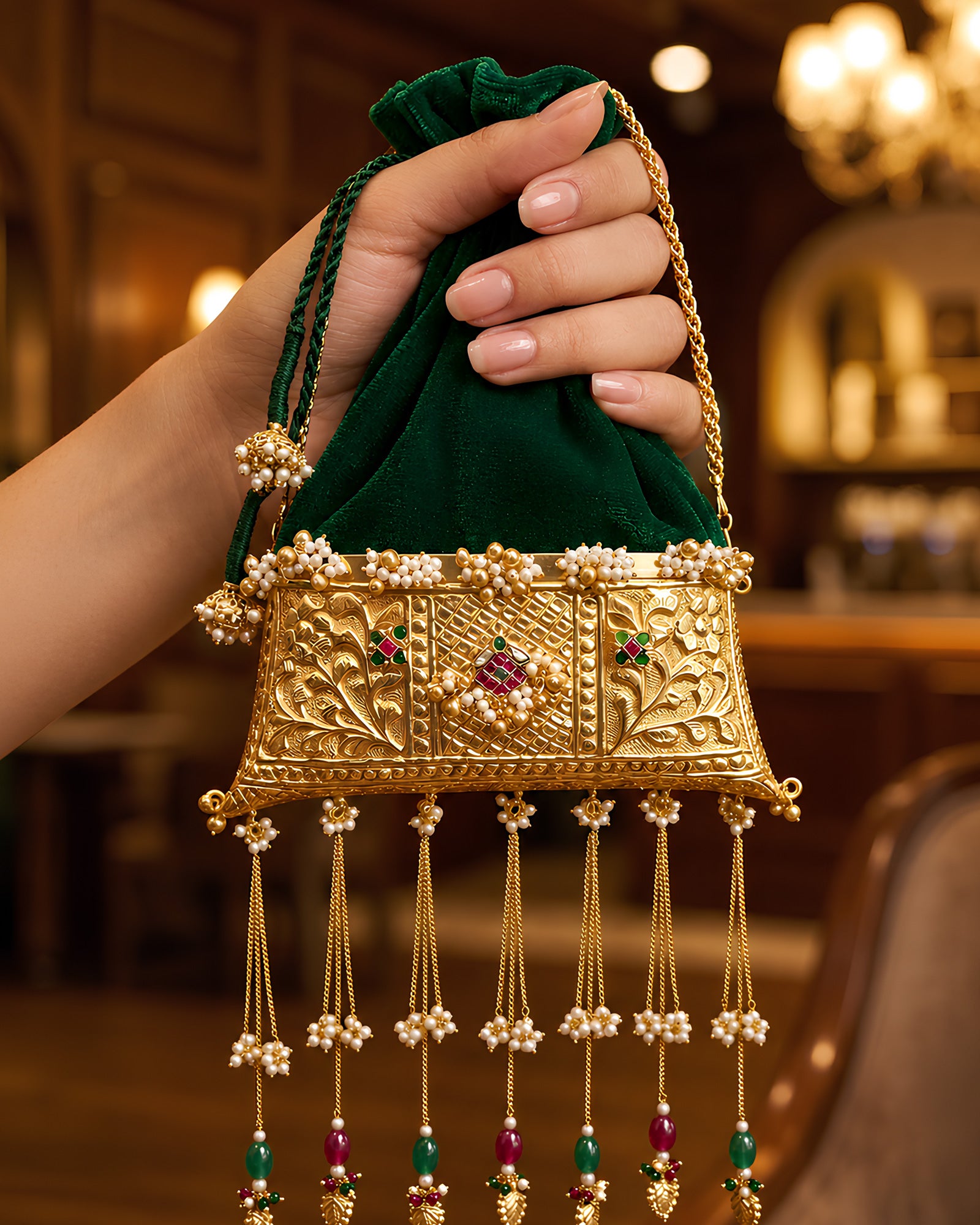 Emerald Velvet Trapezoid Ruby Center Jhumka Potli Bag