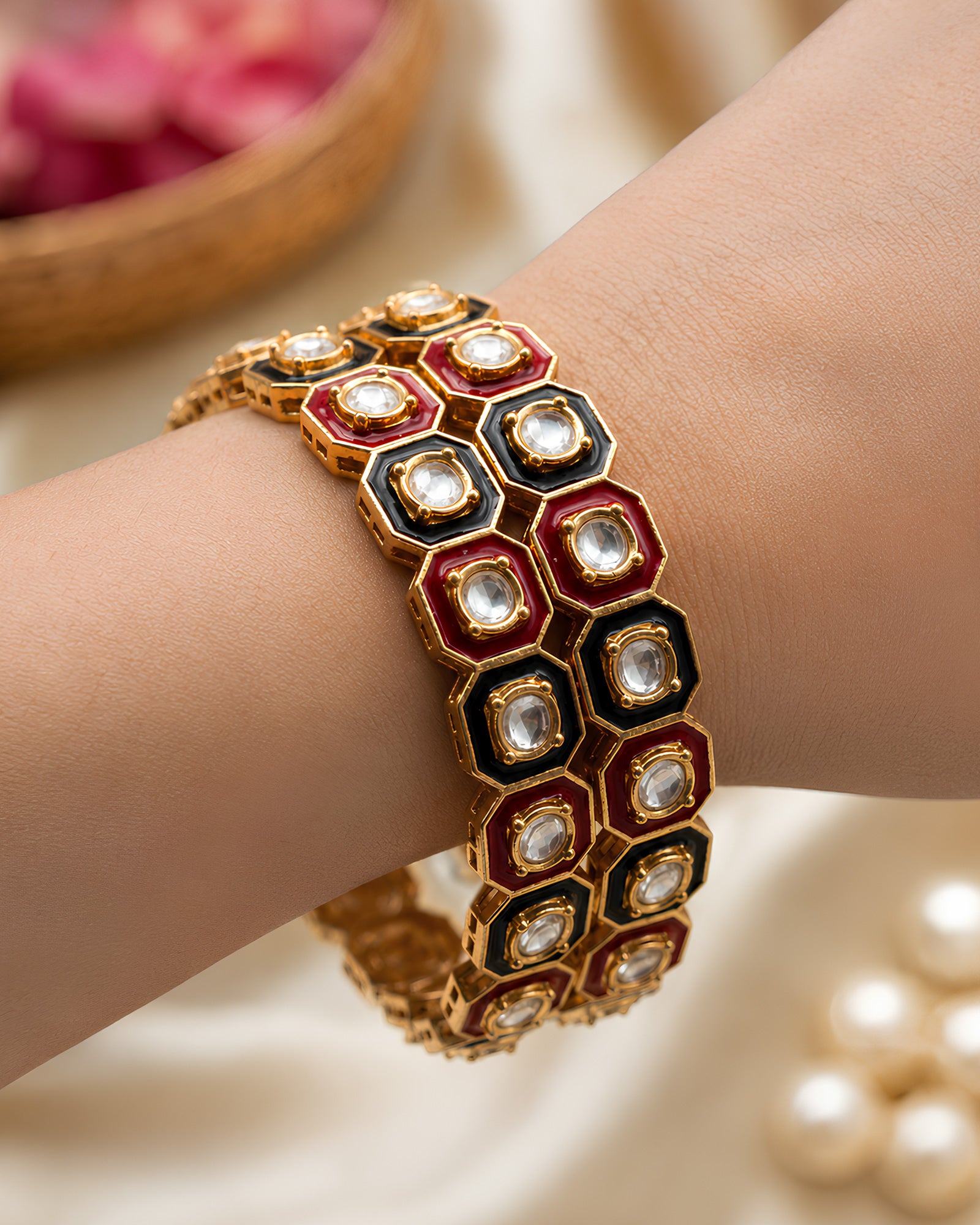 Enamel & Kundan Hexagonal Gold-Tone Bangles