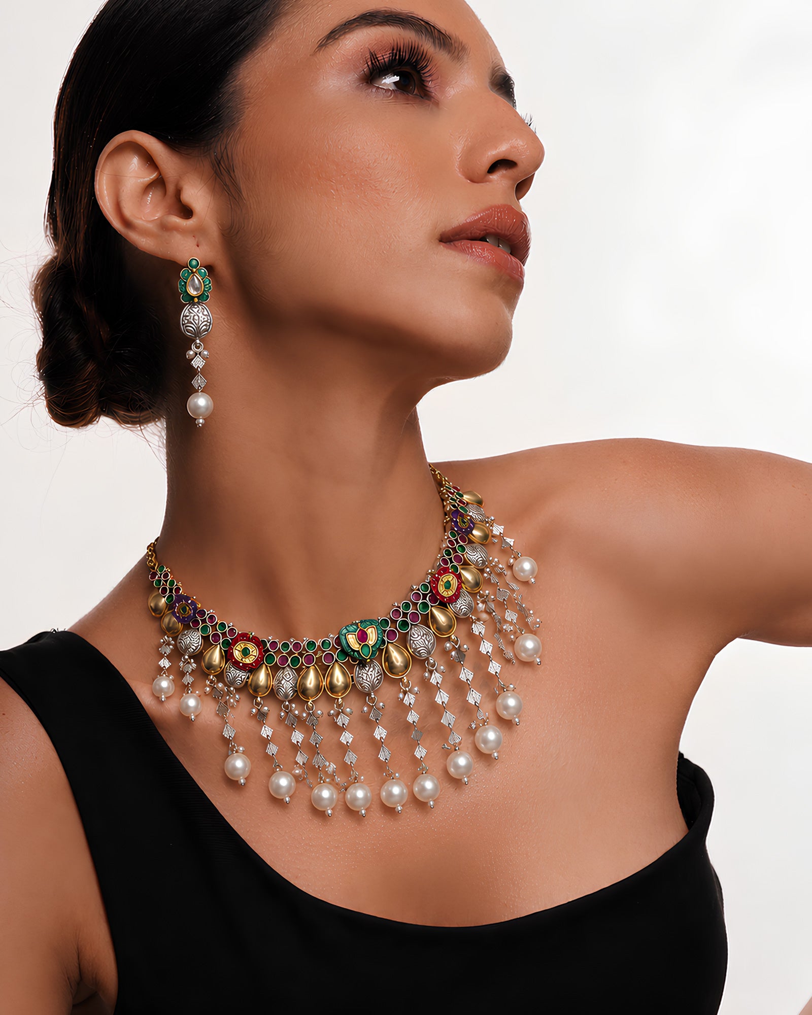 Enamel Floral & Pearl Tassel Necklace Set
